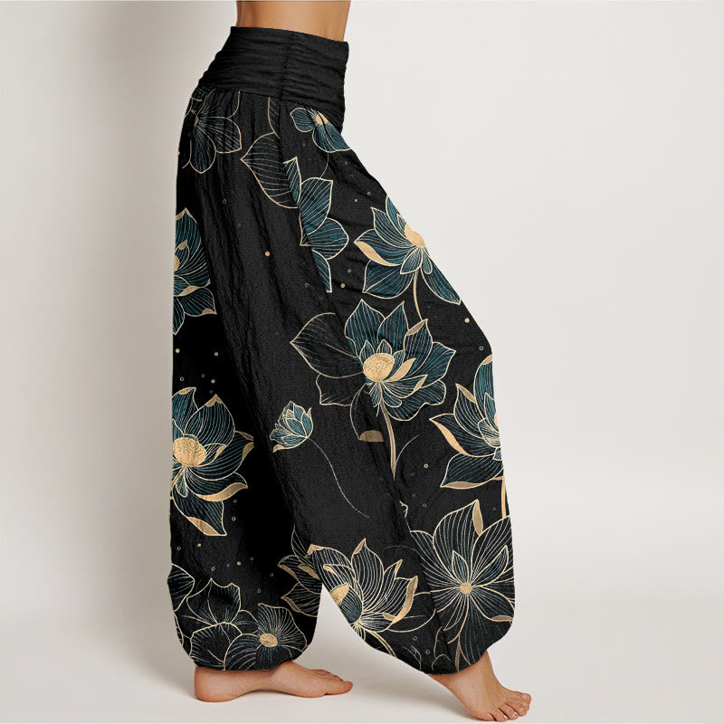 Pantalon harem pour femme en pur coton à motif lotus délicat et Buddha Stones, taille élastique - image 7