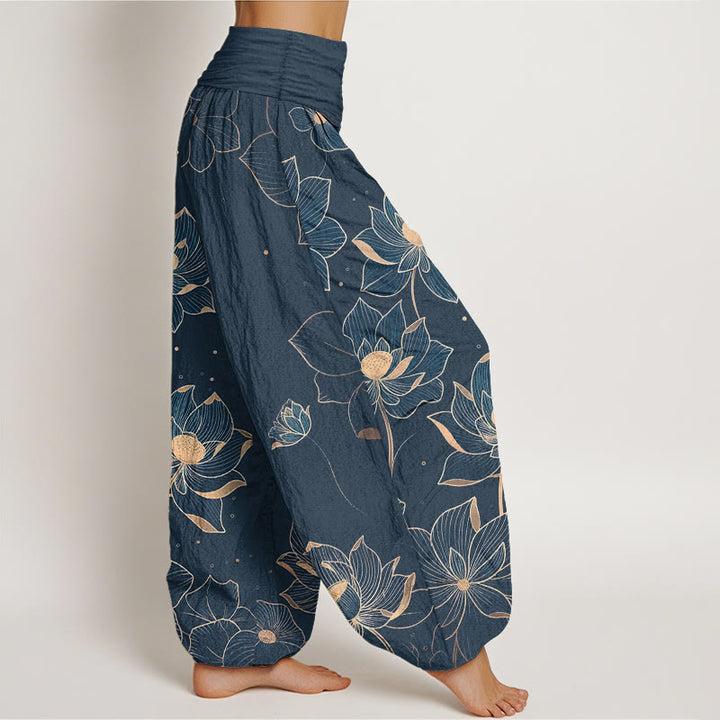 Pantalon harem pour femme en pur coton à motif lotus délicat et Buddha Stones, taille élastique - image 10