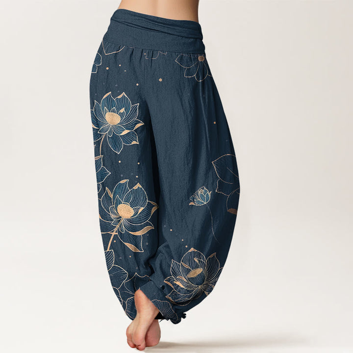 Pantalon harem pour femme en pur coton à motif lotus délicat et Buddha Stones, taille élastique - image 9