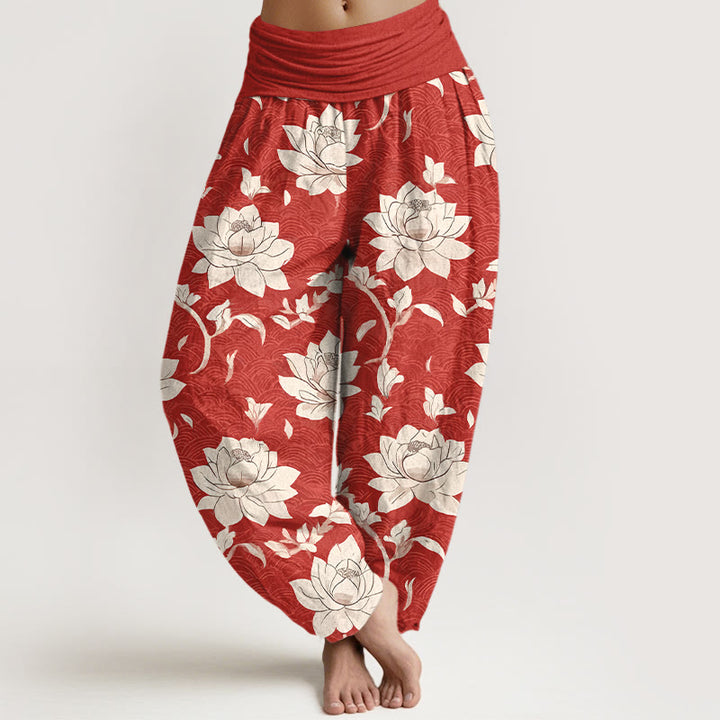 Pantalon harem femme en pur coton beige à motif lotus et Buddha Stones, taille élastique - Rouge - US16，UK/AU20，EU48 (3XL) - image 0