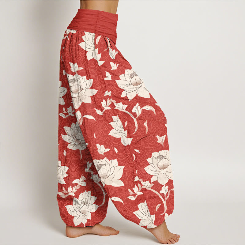 Pantalon harem femme en pur coton beige à motif lotus et Buddha Stones, taille élastique - image 2