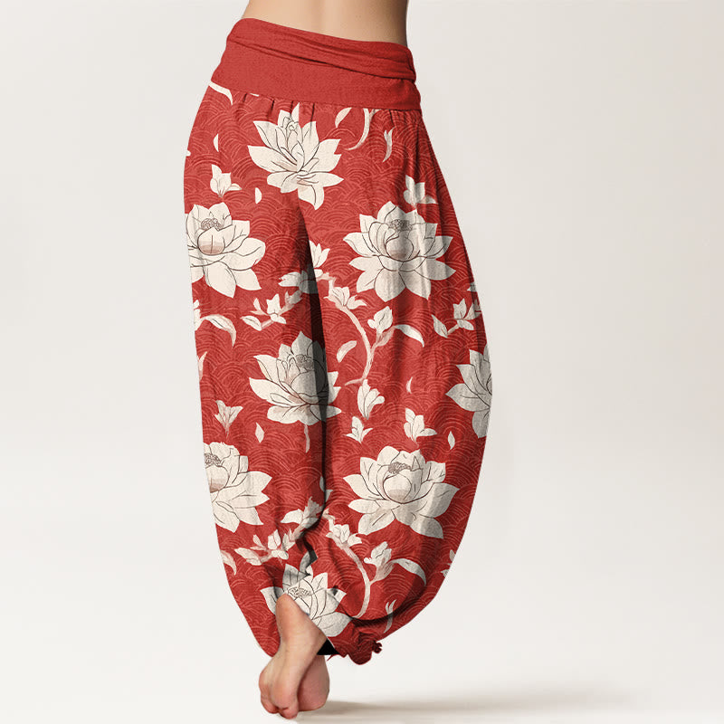 Pantalon harem femme en pur coton beige à motif lotus et Buddha Stones, taille élastique - image 1