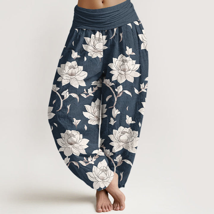 Pantalon harem femme en pur coton beige à motif lotus et Buddha Stones, taille élastique - SteelBlue - US16，UK/AU20，EU48 (3XL) - image 5