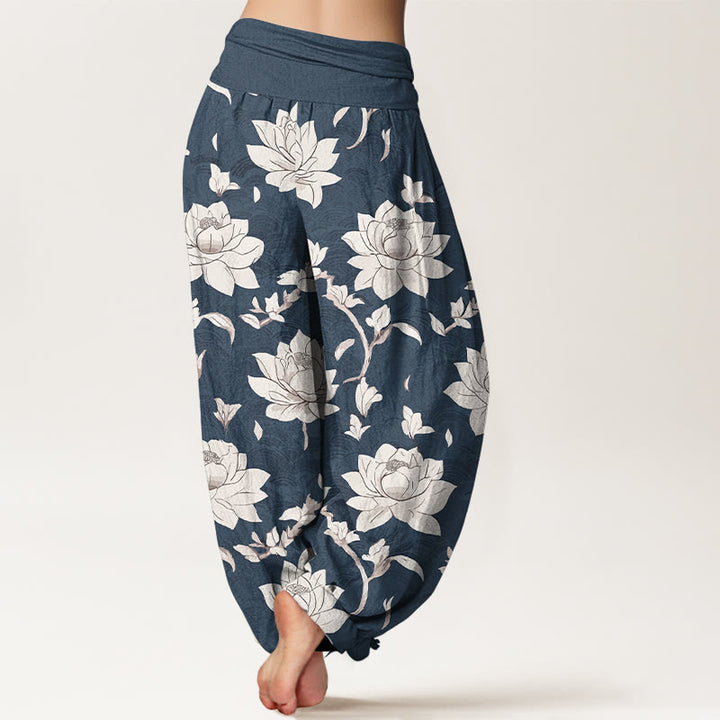 Pantalon harem femme en pur coton beige à motif lotus et Buddha Stones, taille élastique - image 6