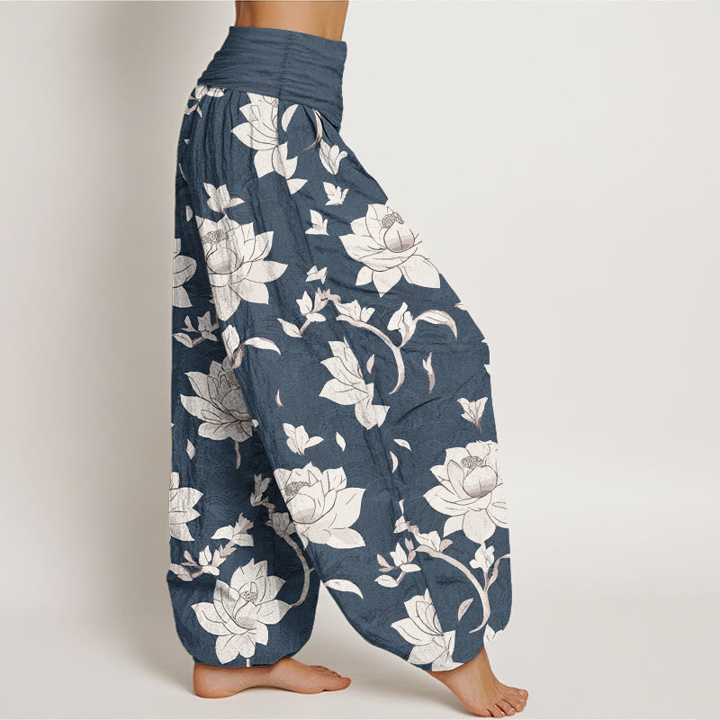 Pantalon harem femme en pur coton beige à motif lotus et Buddha Stones, taille élastique - image 7