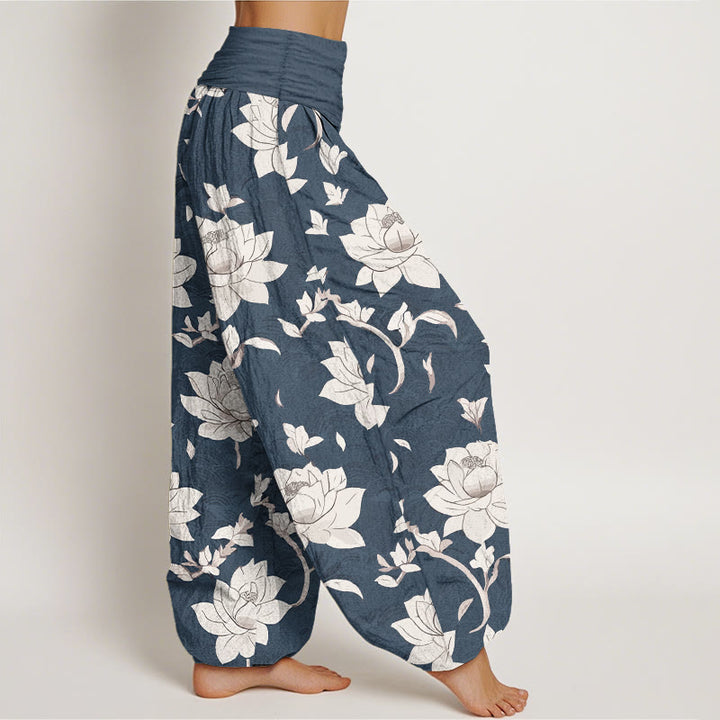 Pantalon harem femme en pur coton beige à motif lotus et Buddha Stones, taille élastique - image 7