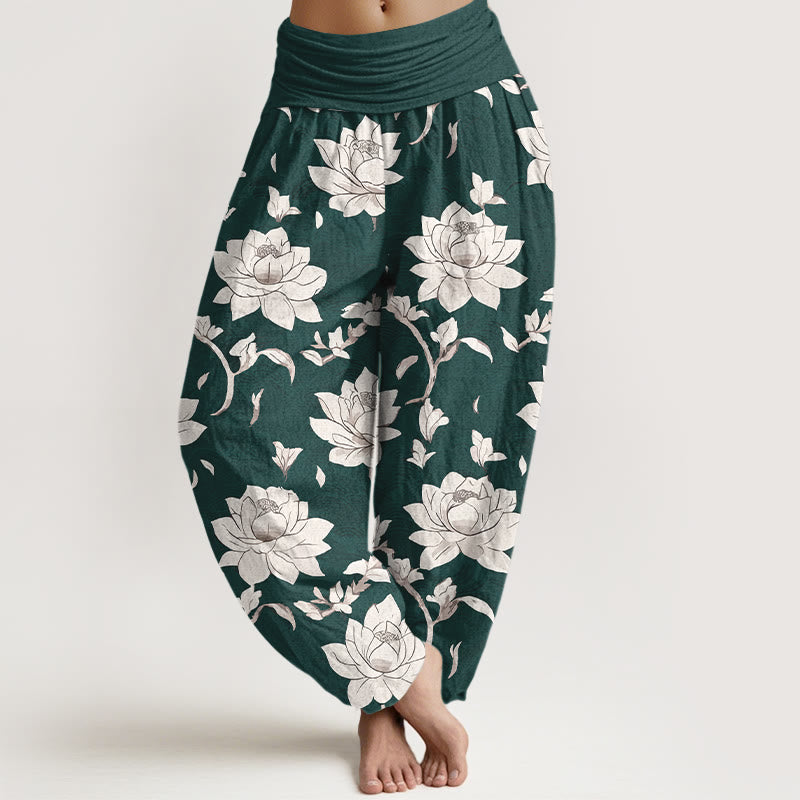 Pantalon harem femme en pur coton beige à motif lotus et Buddha Stones, taille élastique - Vert foncé - US16，UK/AU20，EU48 (3XL) - image 8