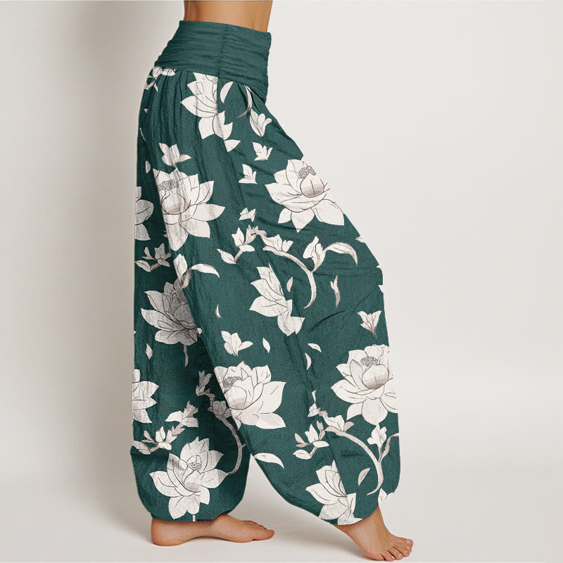 Pantalon harem femme en pur coton beige à motif lotus et Buddha Stones, taille élastique - image 10