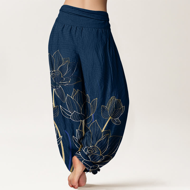 Pantalon harem pour femme, taille élastique, en pur coton, style minimaliste, motif de fleur de lotus et Buddha Stones - image 1