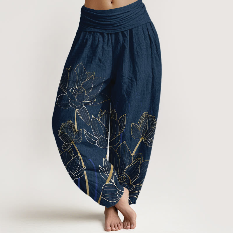 Pantalon harem pour femme, taille élastique, en pur coton, style minimaliste, motif de fleur de lotus et Buddha Stones - Marine - US16，UK/AU20，EU48 (3XL) - image 0