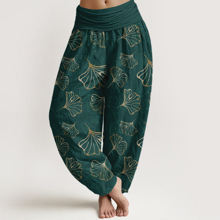 Pantalon harem femme en pur coton, style minimaliste, motif feuilles de ginkgo et Buddha Stones - Vert foncé - US16，UK/AU20，EU48 (3XL) - image 0