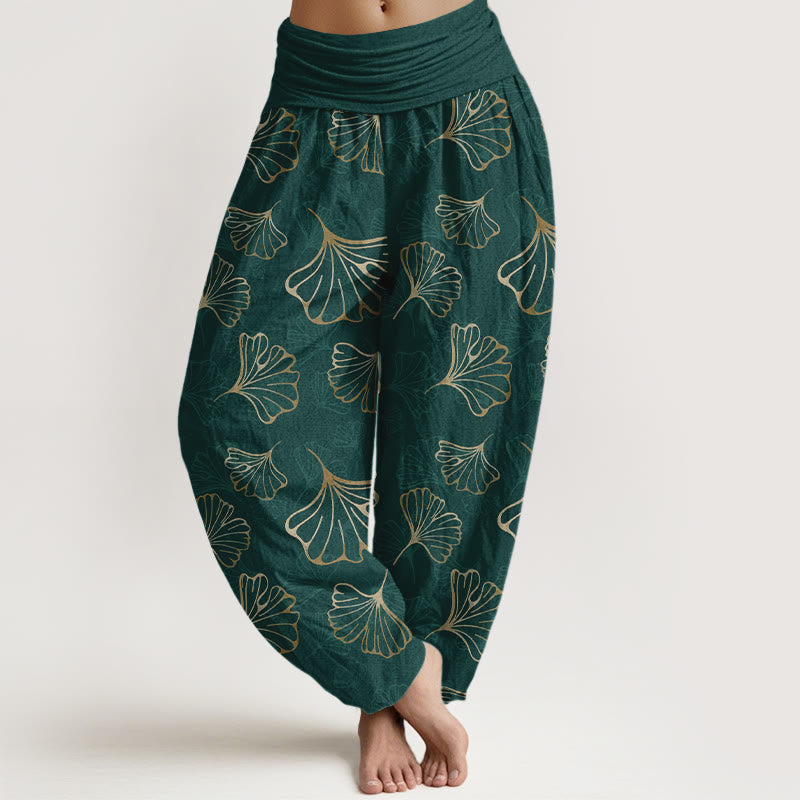 Pantalon harem femme en pur coton, style minimaliste, motif feuilles de ginkgo et Buddha Stones - Vert foncé - US16，UK/AU20，EU48 (3XL) - image 0