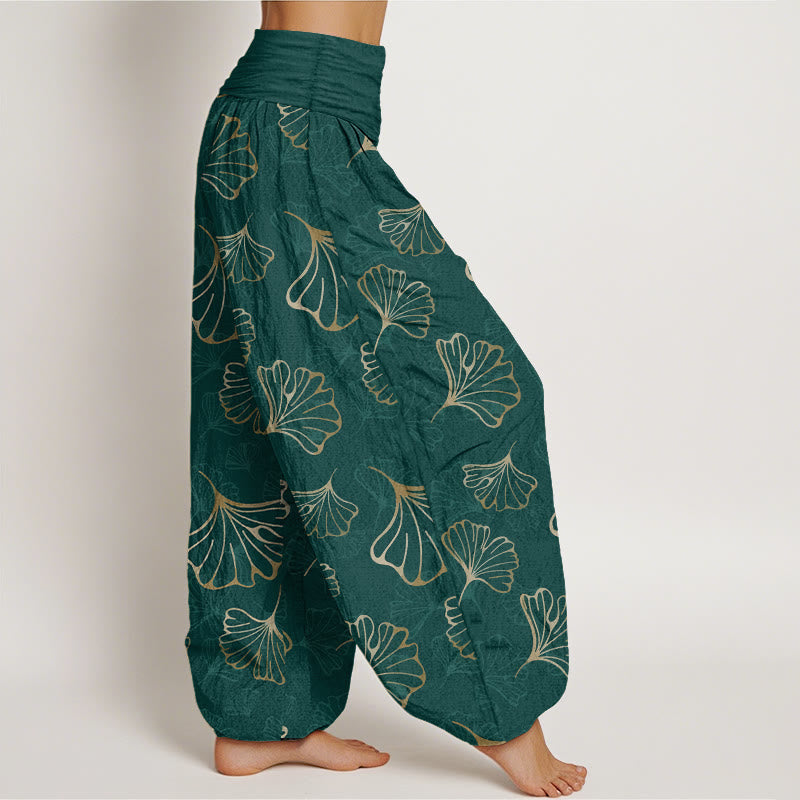 Pantalon harem femme en pur coton, style minimaliste, motif feuilles de ginkgo et Buddha Stones - image 2