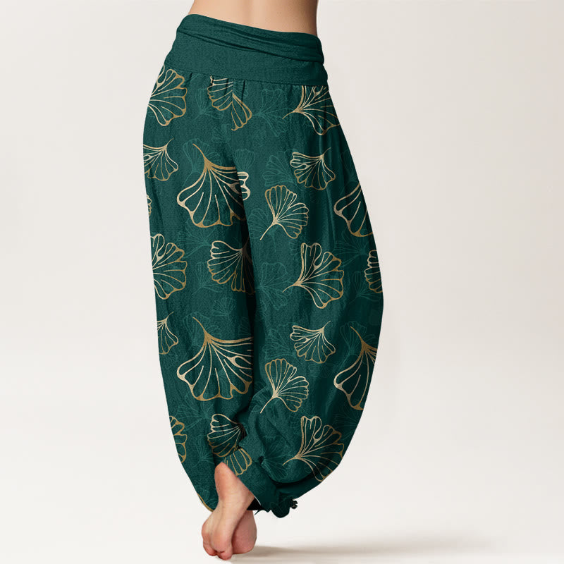 Pantalon harem femme en pur coton, style minimaliste, motif feuilles de ginkgo et Buddha Stones - image 1
