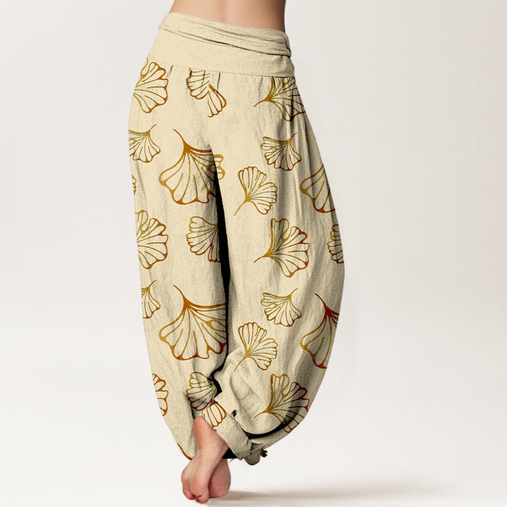 Pantalon harem femme en pur coton, style minimaliste, motif feuilles de ginkgo et Buddha Stones - image 6