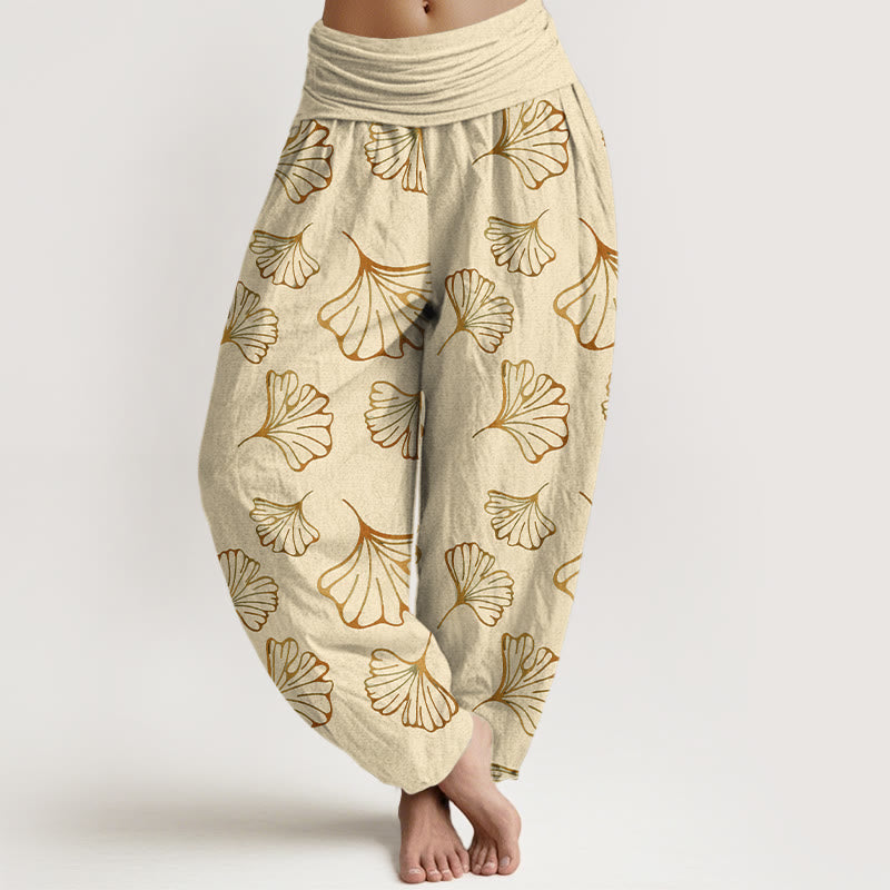Pantalon harem femme en pur coton, style minimaliste, motif feuilles de ginkgo et Buddha Stones - LemonChiffon - US16，UK/AU20，EU48 (3XL) - image 5
