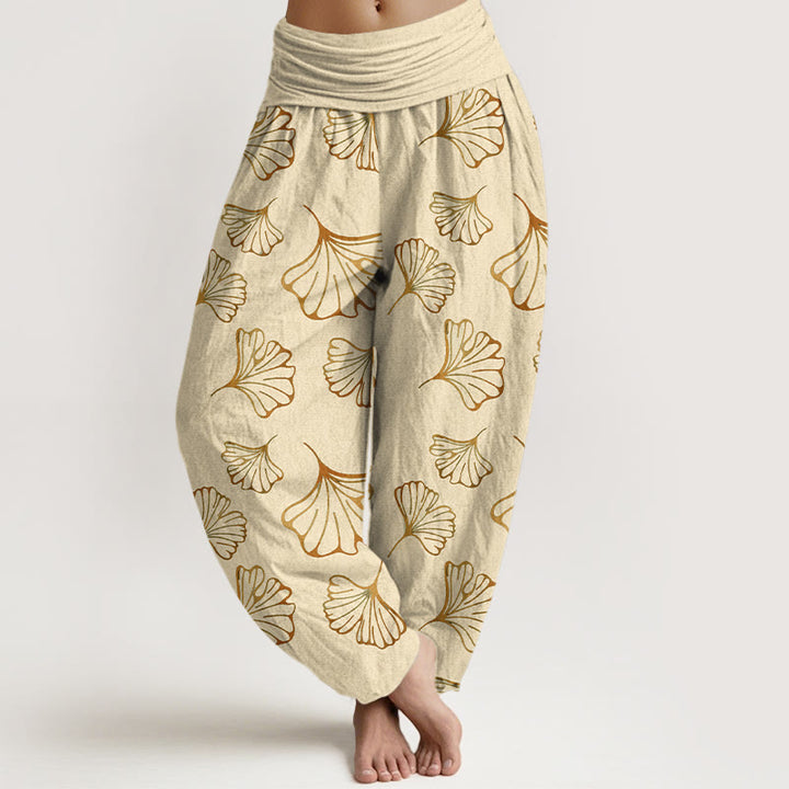 Pantalon harem femme en pur coton, style minimaliste, motif feuilles de ginkgo et Buddha Stones - LemonChiffon - US16，UK/AU20，EU48 (3XL) - image 5