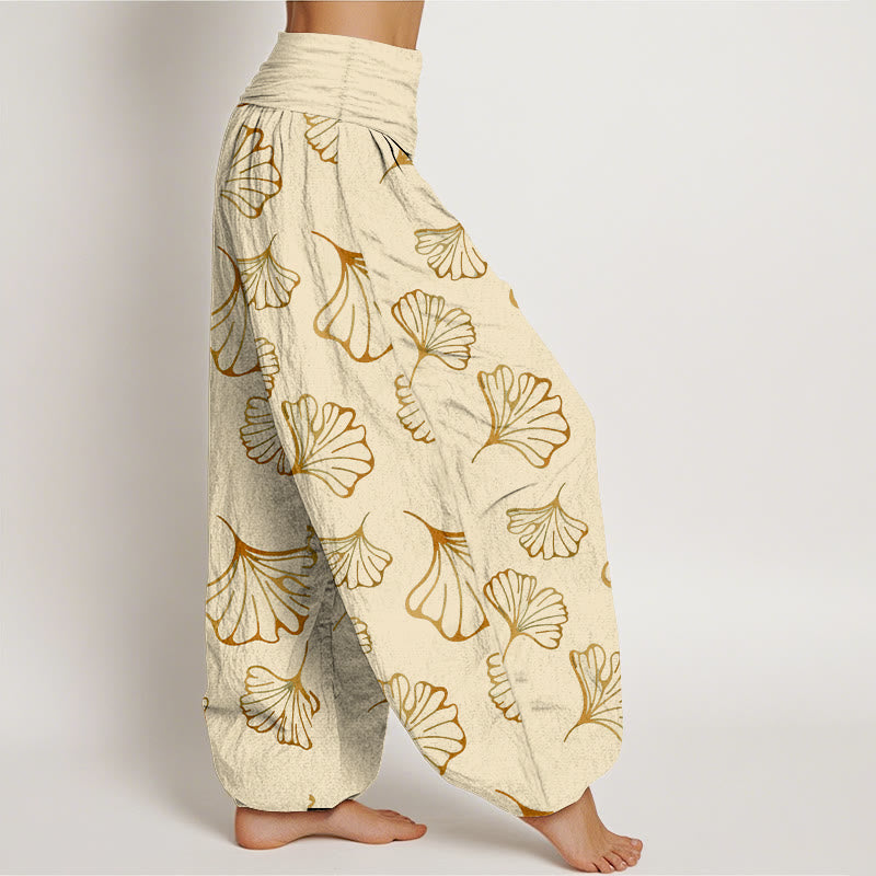 Pantalon harem femme en pur coton, style minimaliste, motif feuilles de ginkgo et Buddha Stones - image 7