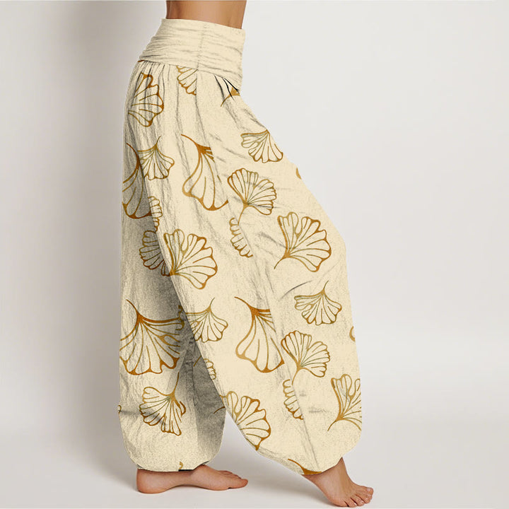 Pantalon harem femme en pur coton, style minimaliste, motif feuilles de ginkgo et Buddha Stones - image 7