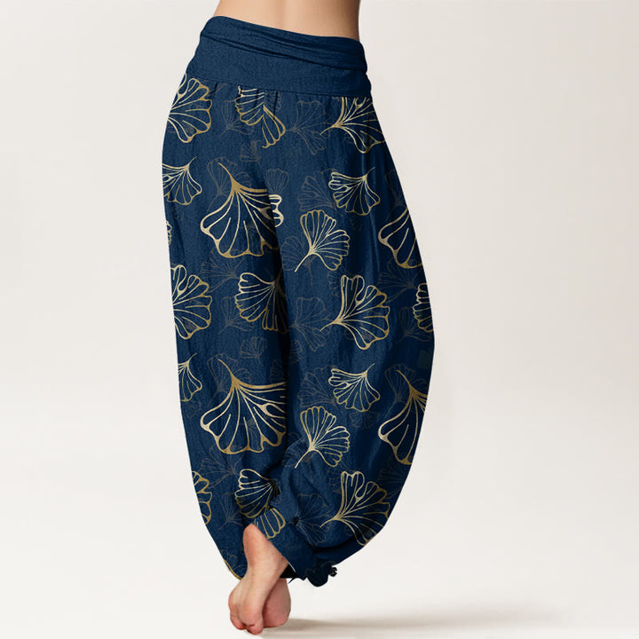 Pantalon harem femme en pur coton, style minimaliste, motif feuilles de ginkgo et Buddha Stones - image 9