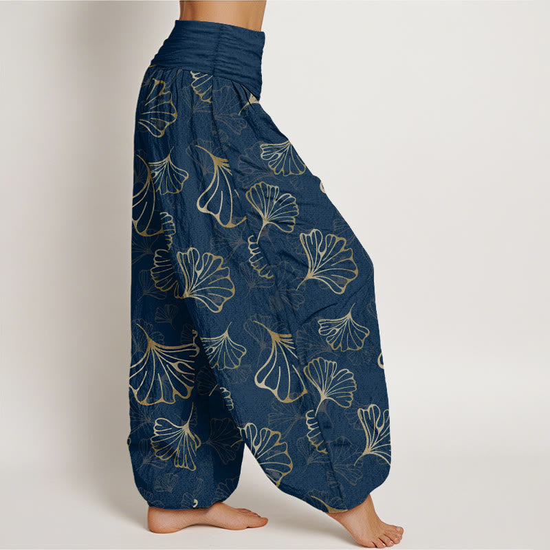 Pantalon harem femme en pur coton, style minimaliste, motif feuilles de ginkgo et Buddha Stones - image 10