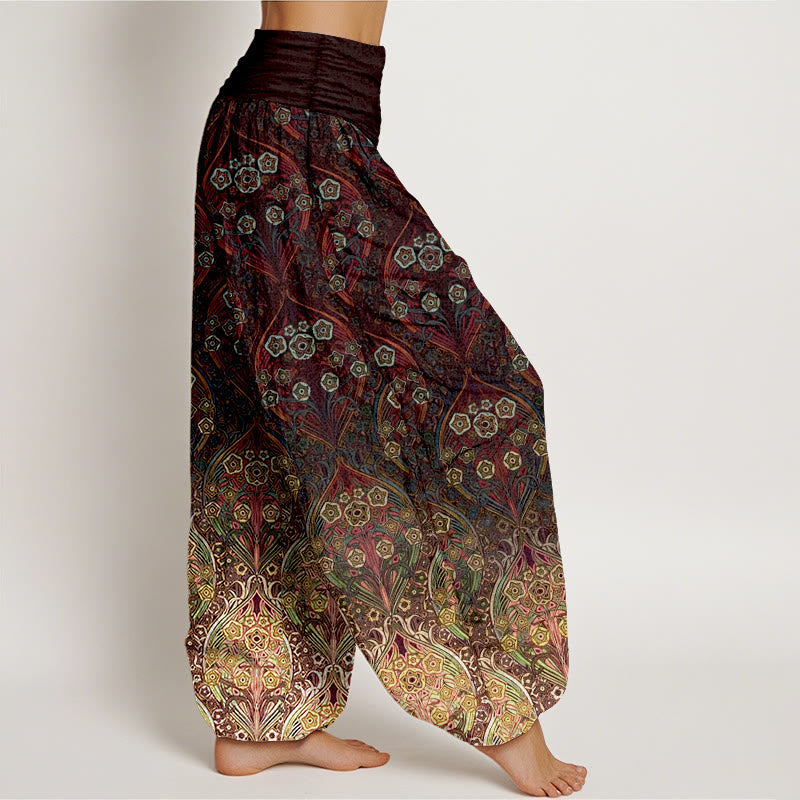 Pantalon harem femme en pur coton à motif floral rétro et Buddha Stones, taille élastique - image 2
