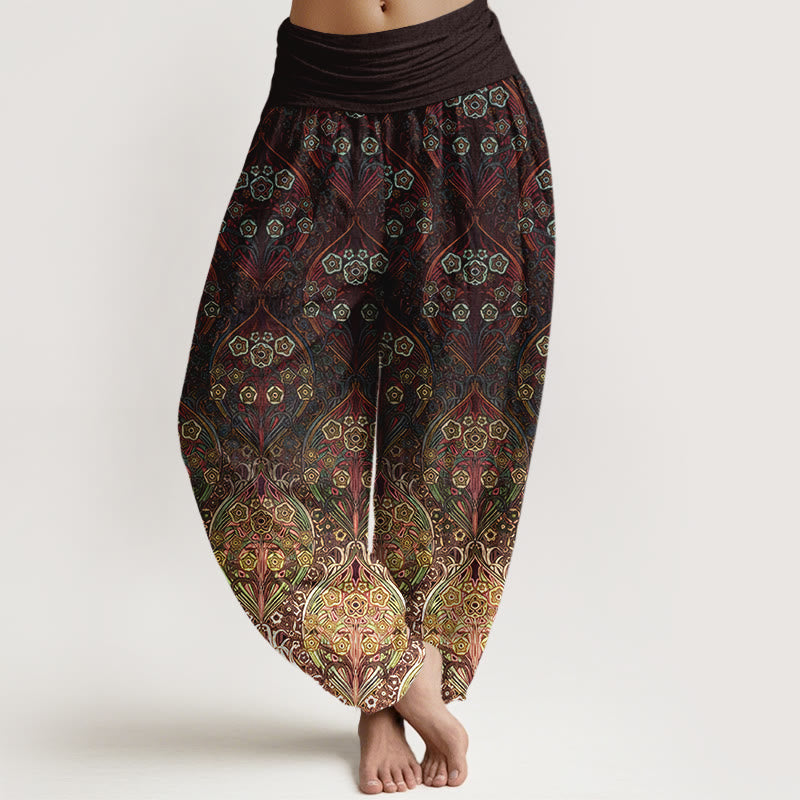 Pantalon harem femme en pur coton à motif floral rétro et Buddha Stones, taille élastique - SaddleBrown - US16，UK/AU20，EU48 (3XL) - image 0