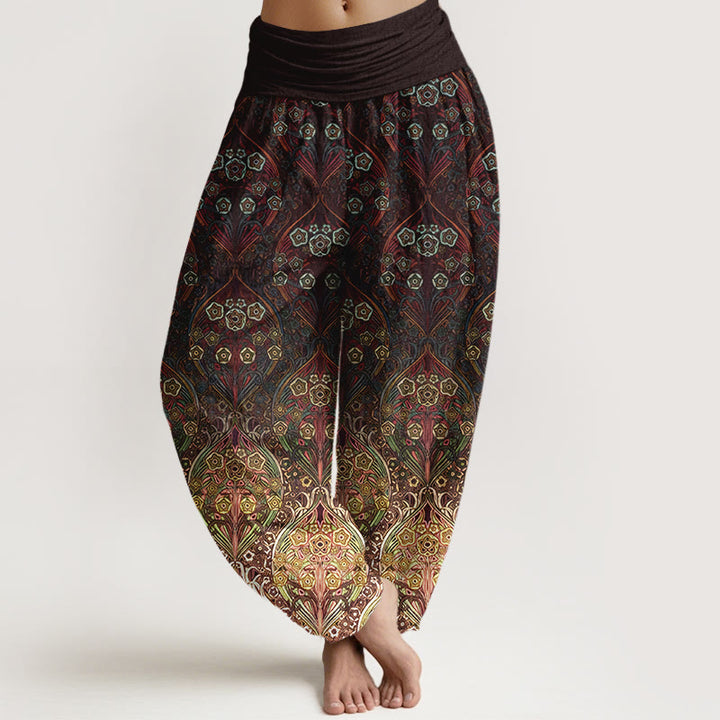 Pantalon harem femme en pur coton à motif floral rétro et Buddha Stones, taille élastique - SaddleBrown - US16，UK/AU20，EU48 (3XL) - image 0