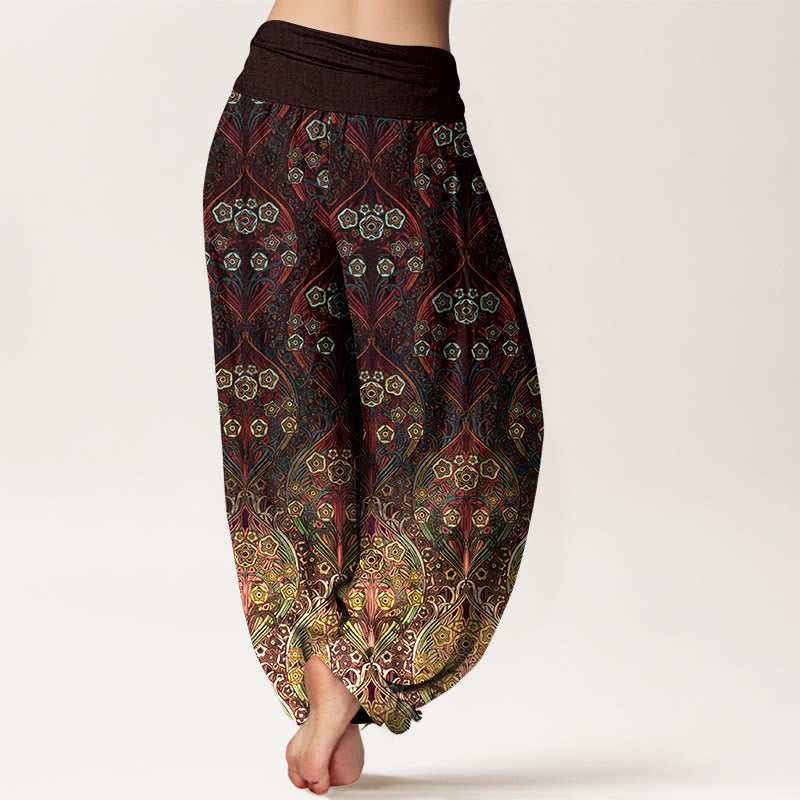 Pantalon harem femme en pur coton à motif floral rétro et Buddha Stones, taille élastique - image 1