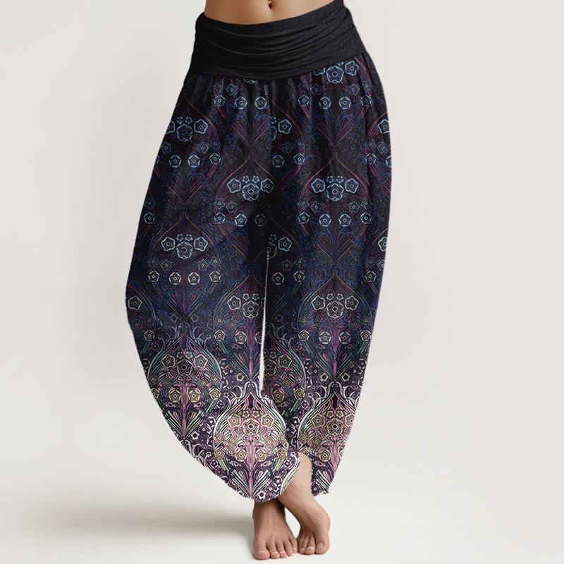 Pantalon harem femme en pur coton à motif floral rétro et Buddha Stones, taille élastique - Indigo - US16，UK/AU20，EU48 (3XL) - image 5