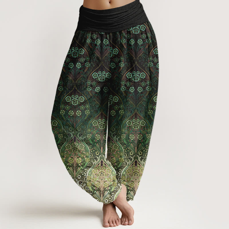 Pantalon harem femme en pur coton à motif floral rétro et Buddha Stones, taille élastique - Vert foncé - US16，UK/AU20，EU48 (3XL) - image 8