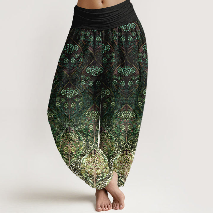 Pantalon harem femme en pur coton à motif floral rétro et Buddha Stones, taille élastique - Vert foncé - US16，UK/AU20，EU48 (3XL) - image 8