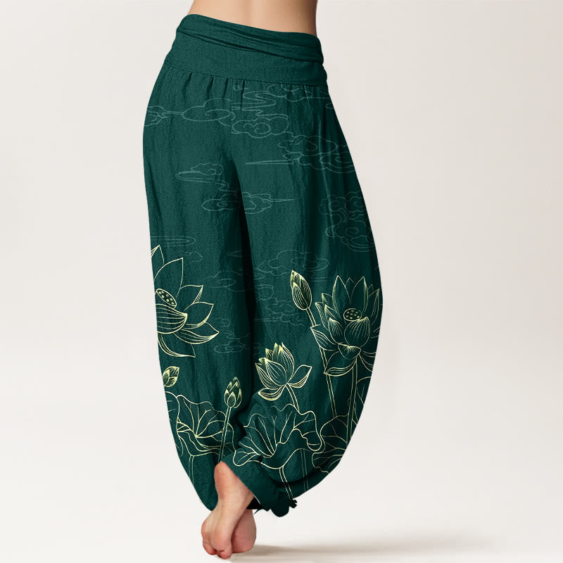 Pantalon harem pour femme en pur coton, motif concis de fleur de lotus, feuille, bourgeon et nuage, avec taille élastique , Buddha Stones - image 1