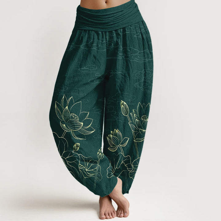 Pantalon harem pour femme en pur coton, motif concis de fleur de lotus, feuille, bourgeon et nuage, avec taille élastique , Buddha Stones - Vert foncé - US16，UK/AU20，EU48 (3XL) - image 0