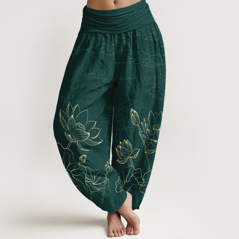 Pantalon harem pour femme en pur coton, motif concis de fleur de lotus, feuille, bourgeon et nuage, avec taille élastique , Buddha Stones - Vert foncé - US16，UK/AU20，EU48 (3XL) - image 0