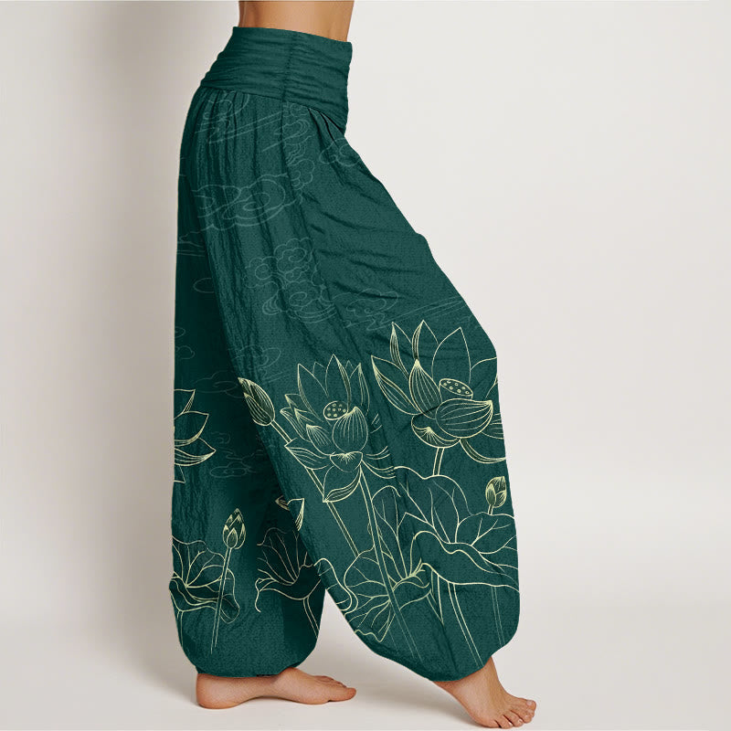 Pantalon harem pour femme en pur coton, motif concis de fleur de lotus, feuille, bourgeon et nuage, avec taille élastique , Buddha Stones - image 2