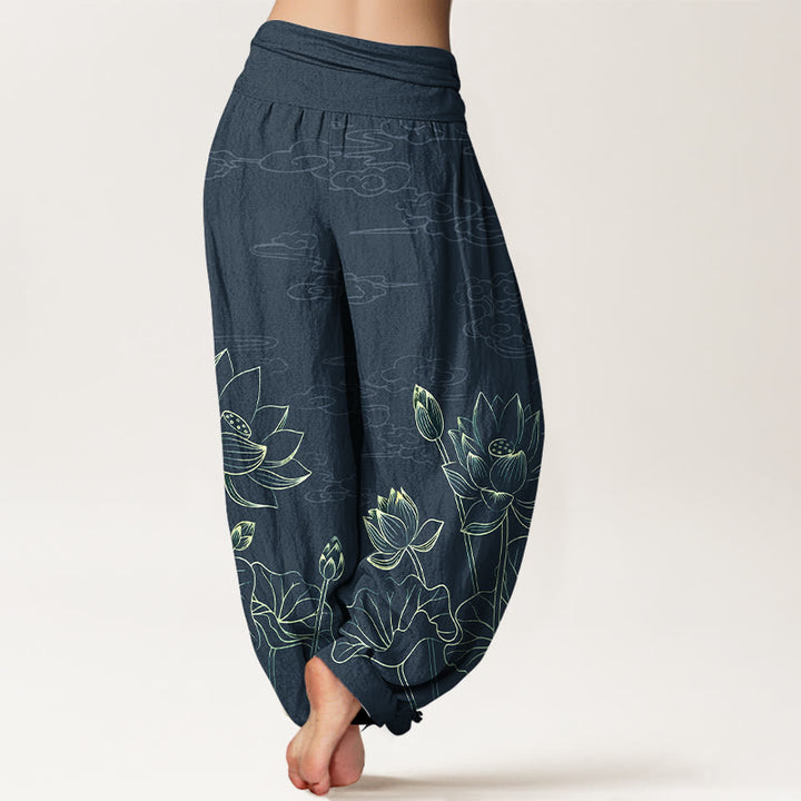 Pantalon harem pour femme en pur coton, motif concis de fleur de lotus, feuille, bourgeon et nuage, avec taille élastique , Buddha Stones - image 6