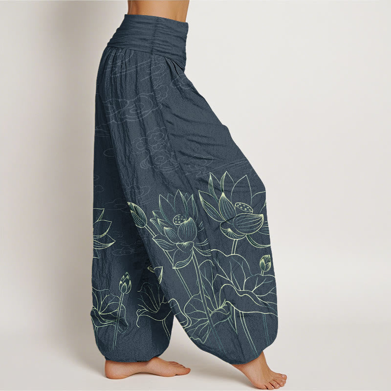 Pantalon harem pour femme en pur coton, motif concis de fleur de lotus, feuille, bourgeon et nuage, avec taille élastique , Buddha Stones - image 7