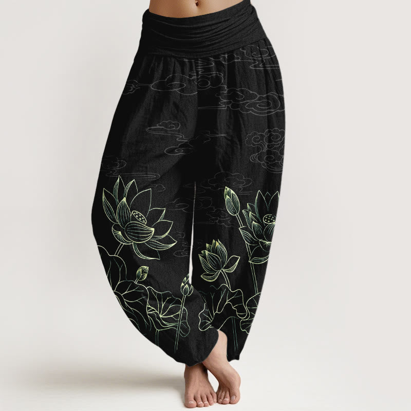 Pantalon harem pour femme en pur coton, motif concis de fleur de lotus, feuille, bourgeon et nuage, avec taille élastique , Buddha Stones - Noir - US16，UK/AU20，EU48 (3XL) - image 8