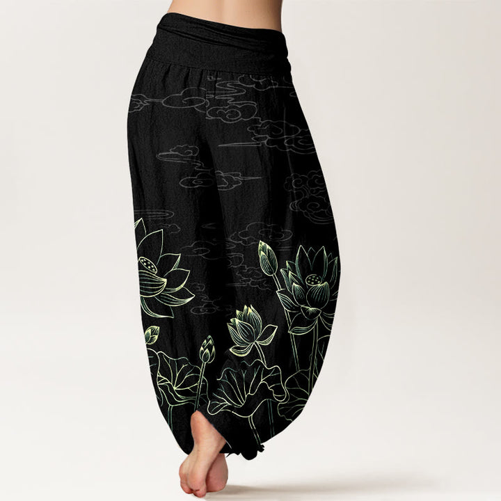 Pantalon harem pour femme en pur coton, motif concis de fleur de lotus, feuille, bourgeon et nuage, avec taille élastique , Buddha Stones - image 9