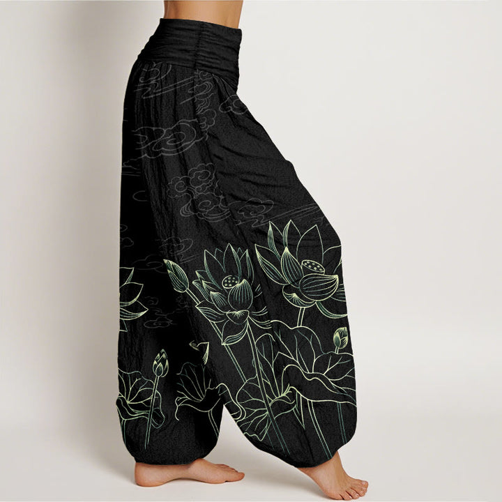 Pantalon harem pour femme en pur coton, motif concis de fleur de lotus, feuille, bourgeon et nuage, avec taille élastique , Buddha Stones - image 10