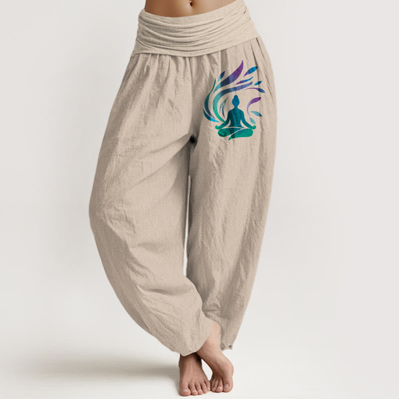 Pantalon harem pour femme, taille élastique, en pur coton, motif silhouette humaine et Buddha Stones. Composition simple. - Tanné - US16，UK/AU20，EU48 (3XL) - image 0
