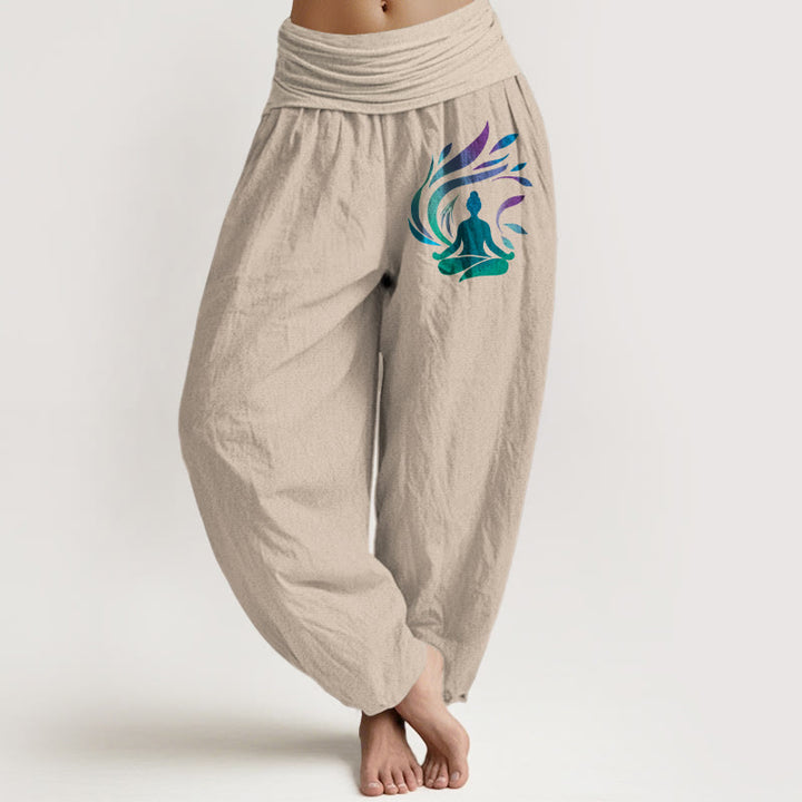 Pantalon harem pour femme, taille élastique, en pur coton, motif silhouette humaine et Buddha Stones. Composition simple. - Tanné - US16，UK/AU20，EU48 (3XL) - image 0