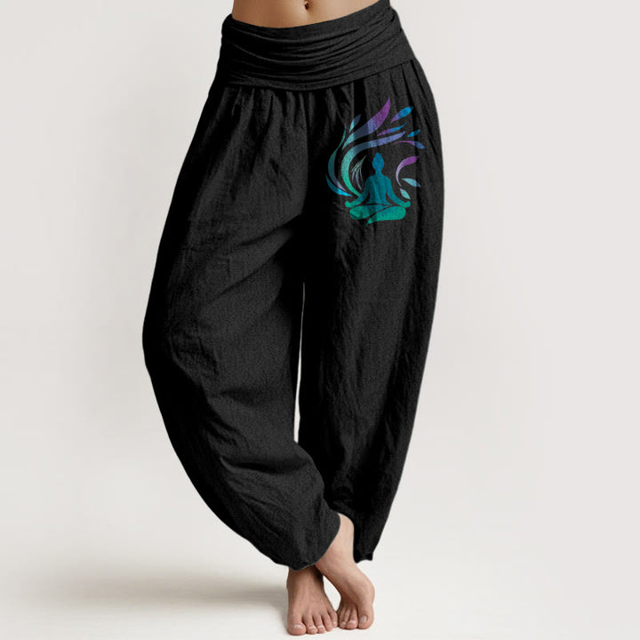 Pantalon harem pour femme, taille élastique, en pur coton, motif silhouette humaine et Buddha Stones. Composition simple. - Noir - US16，UK/AU20，EU48 (3XL) - image 5