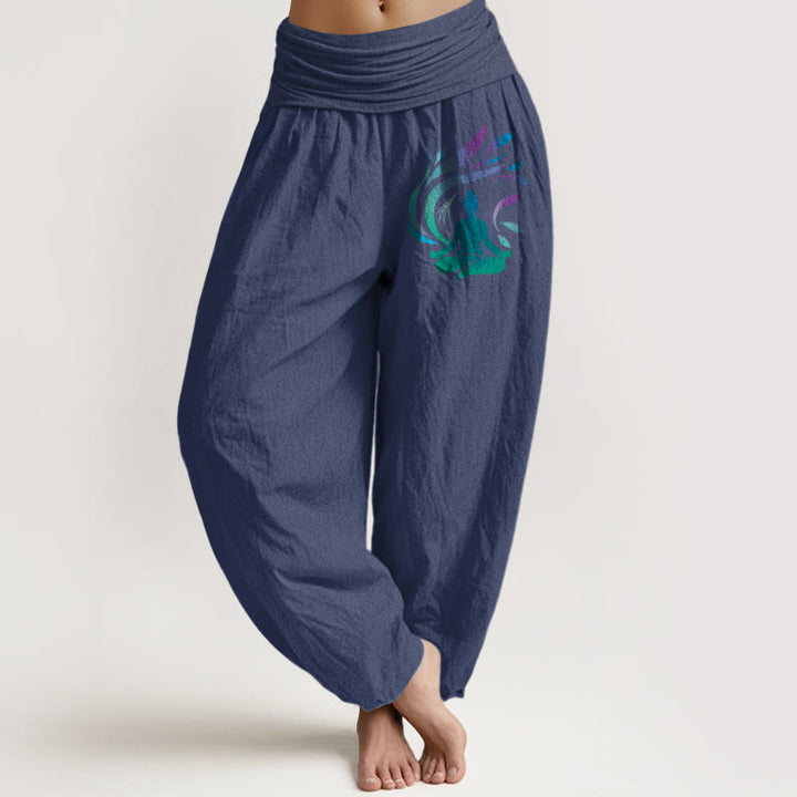 Pantalon harem pour femme, taille élastique, en pur coton, motif silhouette humaine et Buddha Stones. Composition simple. - Bleu ardoise foncé - US16，UK/AU20，EU48 (3XL) - image 8
