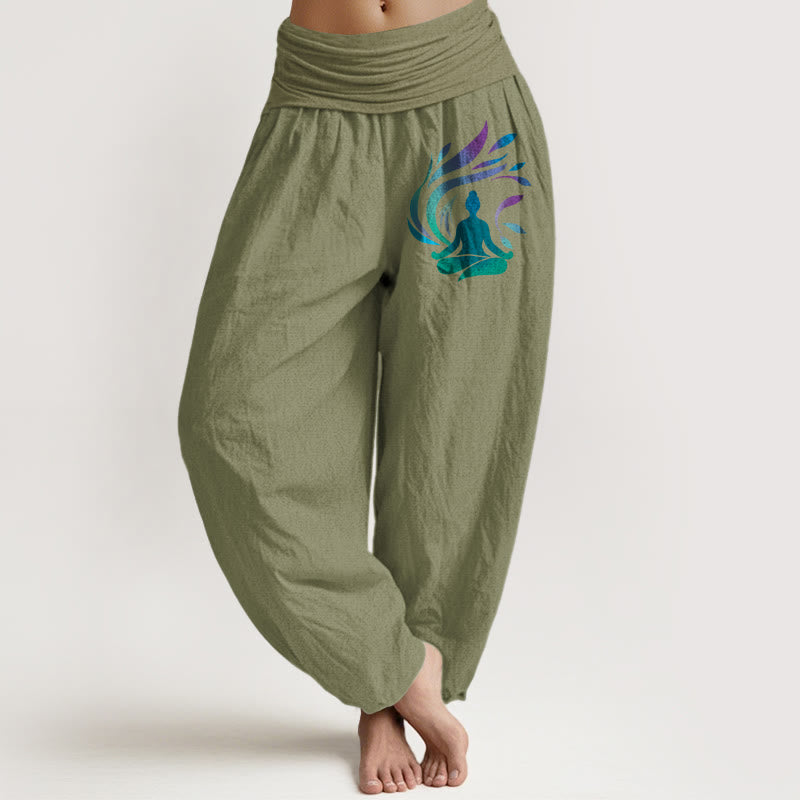 Pantalon harem pour femme, taille élastique, en pur coton, motif silhouette humaine et Buddha Stones. Composition simple. - Vert olive - US16，UK/AU20，EU48 (3XL) - image 14