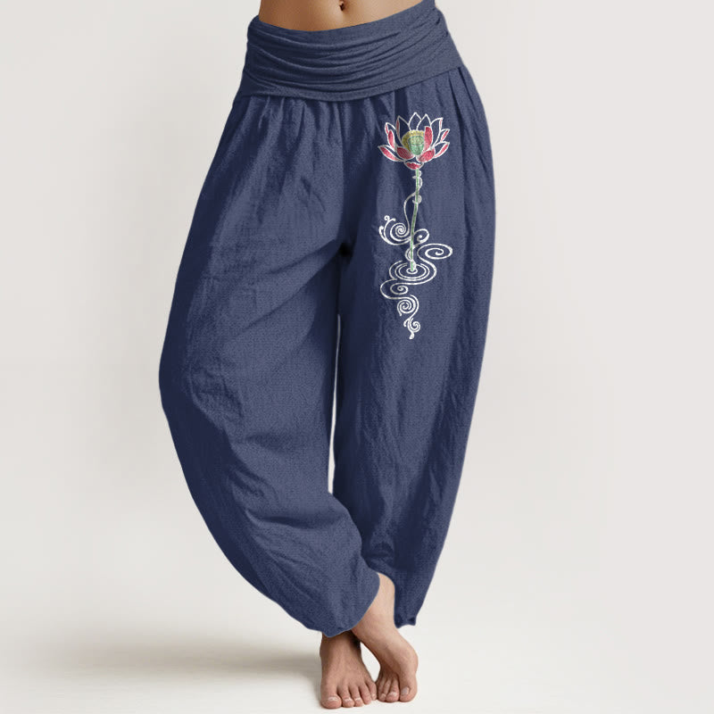 Pantalon harem pour femme en pur coton à motif de fleur de lotus simple et Buddha Stones, taille élastique - Bleu ardoise foncé - US16，UK/AU20，EU48 (3XL) - image 0