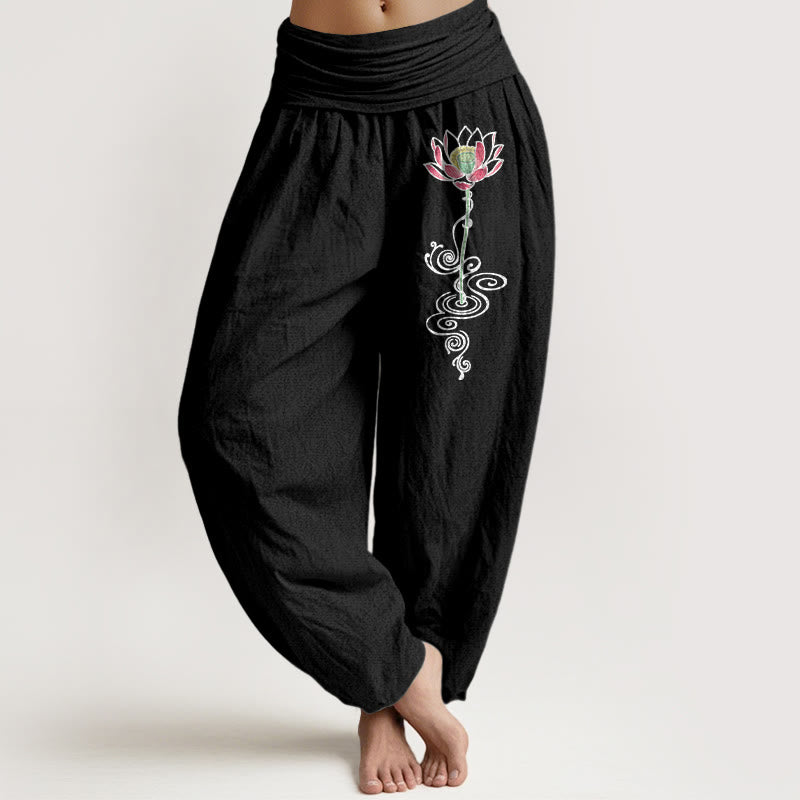 Pantalon harem pour femme en pur coton à motif de fleur de lotus simple et Buddha Stones, taille élastique - Noir - US16，UK/AU20，EU48 (3XL) - image 5