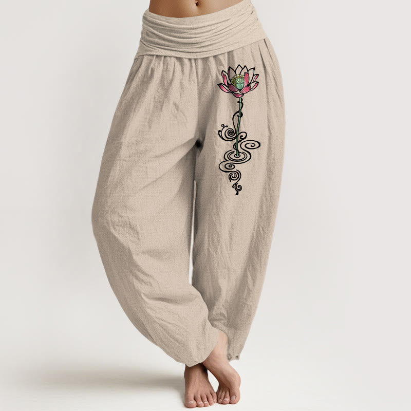 Pantalon harem pour femme en pur coton à motif de fleur de lotus simple et Buddha Stones, taille élastique - Tanné - US16，UK/AU20，EU48 (3XL) - image 11