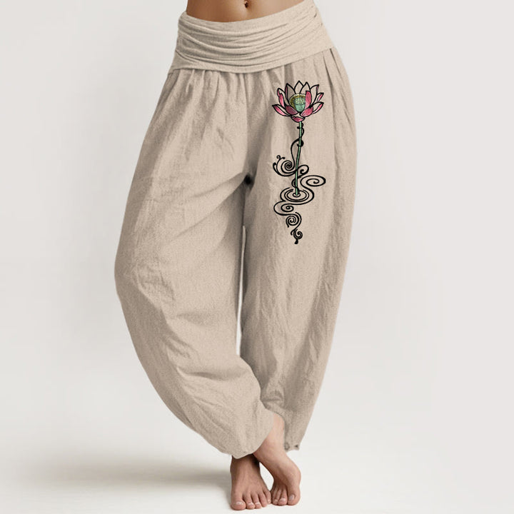 Pantalon harem pour femme en pur coton à motif de fleur de lotus simple et Buddha Stones, taille élastique - Tanné - US16，UK/AU20，EU48 (3XL) - image 11